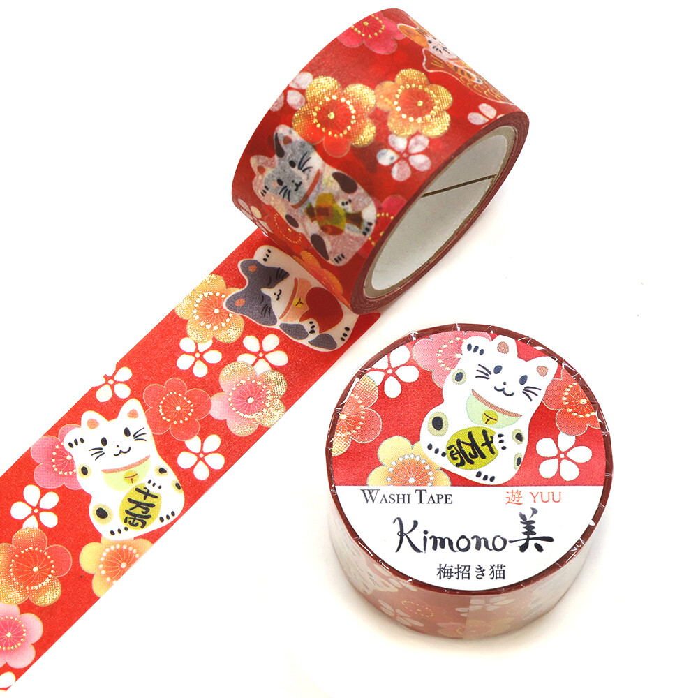 SAIEN Kimono – Washi Tape “Chats porte-bonheur & fleurs de prunier” – 25 mm × 5 m