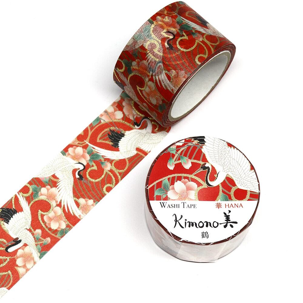 SAIEN Kimono – Washi Tape “Grues et fleurs de cerisier” – 25 mm × 5 m