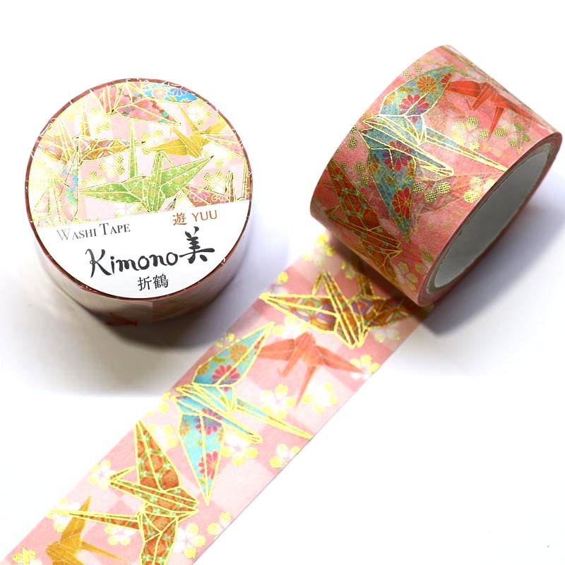 SAIEN Kimono – Washi Tape “Grues en origami & fleurs de prunier” – 25 mm × 5 m