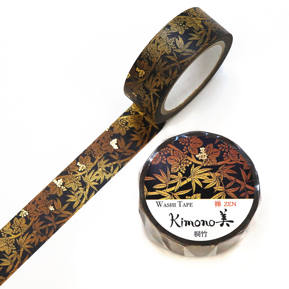 SAIEN Kimono – Washi Tape “Bambou & Paulownia dorés” – 15 mm × 7 m