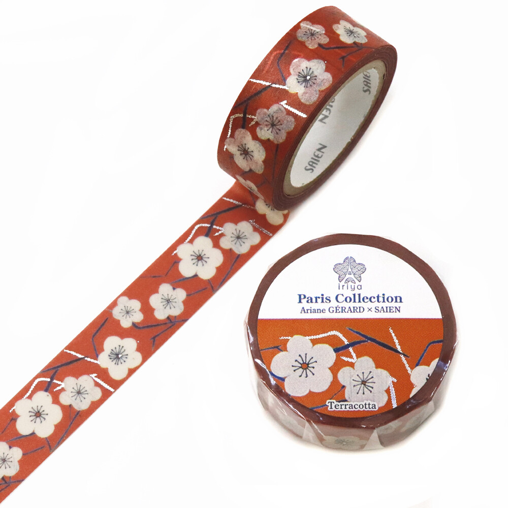 SAIEN × Ariane Gérard – Washi Tape “Terracotta” Fleurs de prunier argentées – 15 mm × 7 m