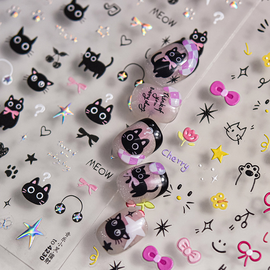 Stickers pour ongles – Chat noir & musique – Stickers nail art kawaii
