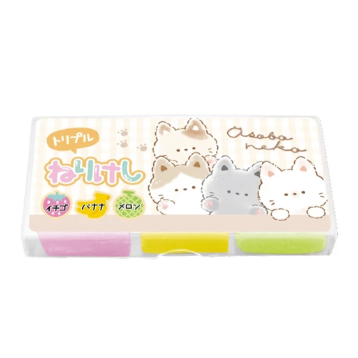 Set de 3 gommes mie de pain parfumées Asoba Neko – Fraise, banane & melon