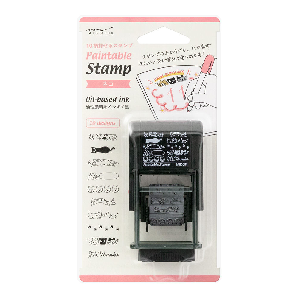 MIDORI Paintable Stamp - Tampon rotatif pré-encré - 10 motifs - Chat