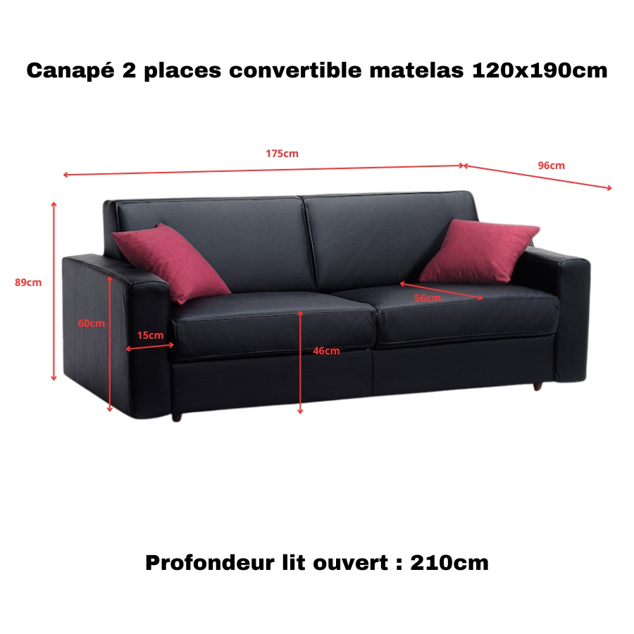 dimensions canapé cuir convertible 2 places noir