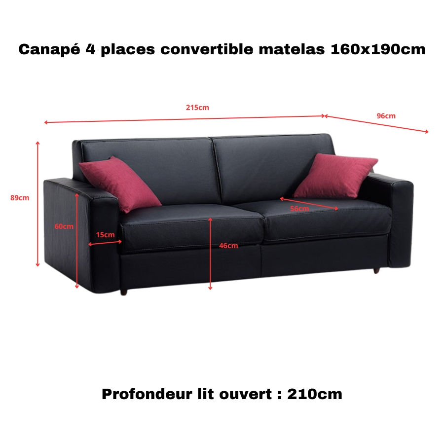 Canapé cuir convertible 4 places noir dimensions