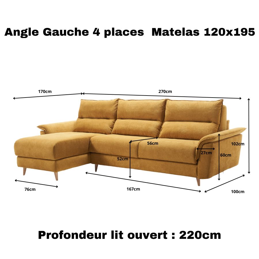Dimensions canapé angle convertible tissu moutarde