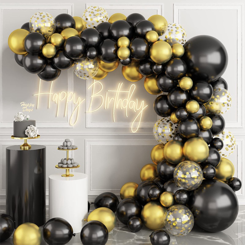 Guirlande de ballons en Latex noir et or, en arc, Kit avec confettis, décor de fête d&#39;anniversaire