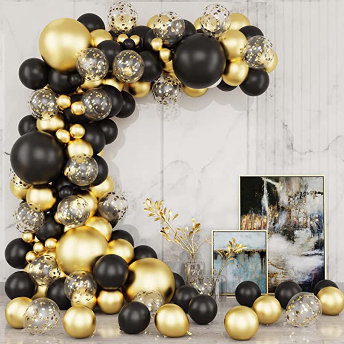 Guirlande en arc de couleur noire et dorée pour anniversaire, Kit de 30, 40 ou 50 ballons pour décoration de fête d&#39;anniversaire