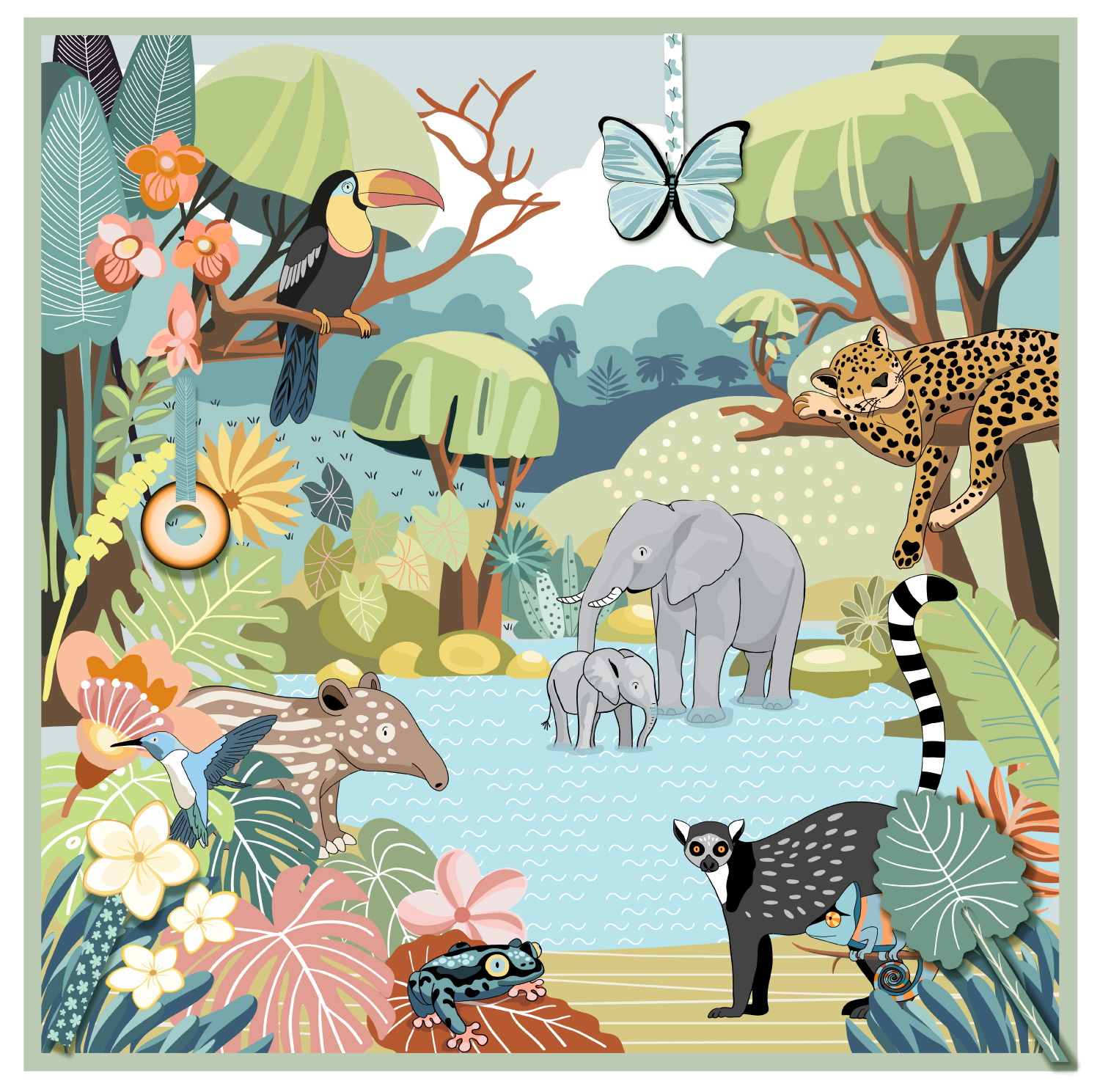 Tapis déveil bébé Jungle carré avec animaux et feuillages