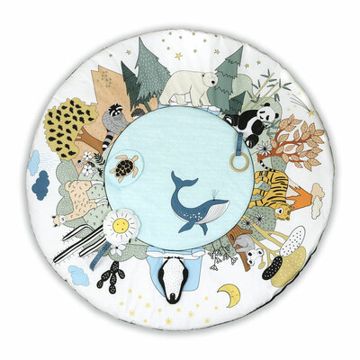 Tapis d'éveil bébé rond Premier Tour du Monde, face illustrée avec océan et continents