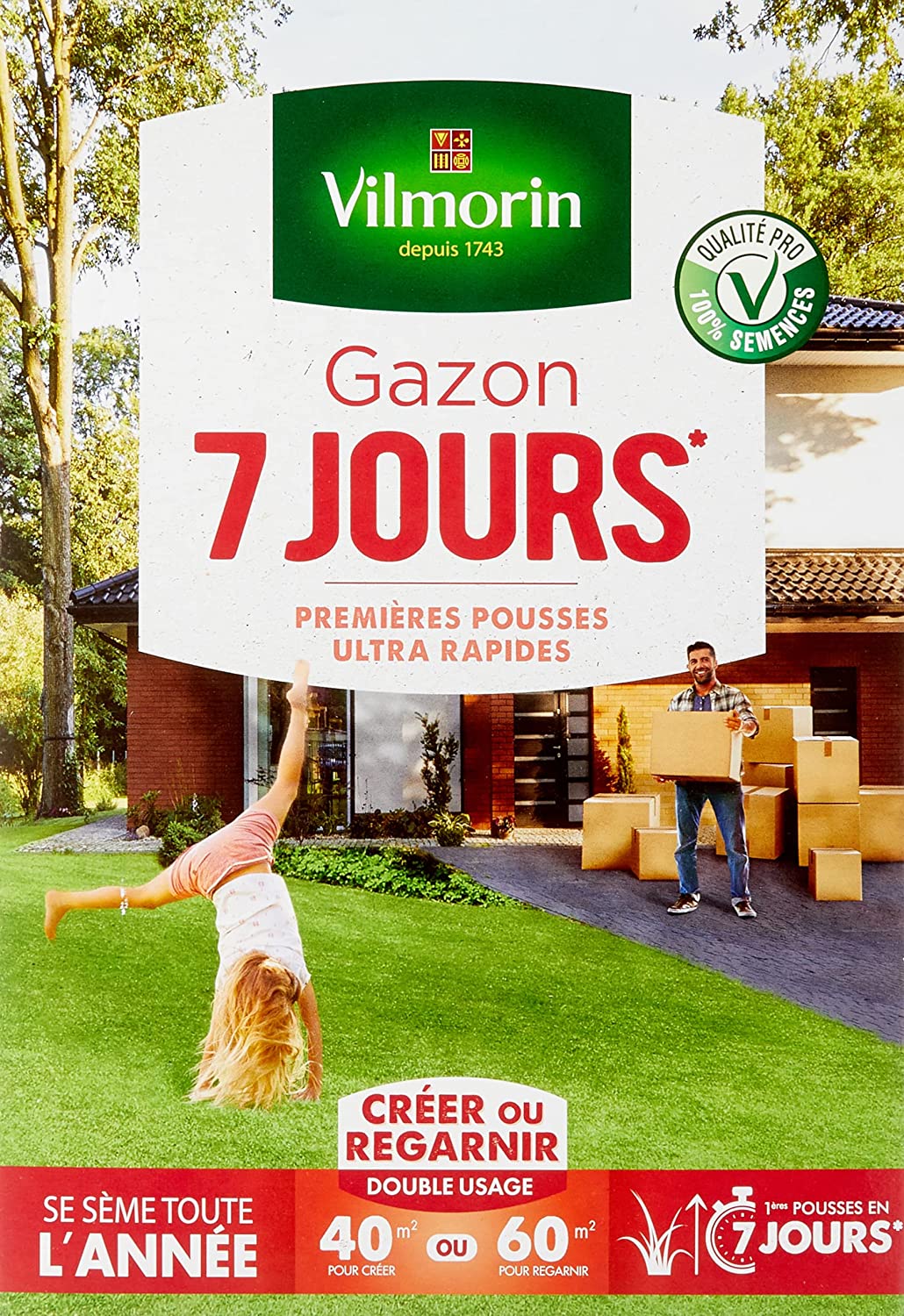 Gazon 7 Jours Vilmorin 4460714, Vert, 1 kg, 50 m2