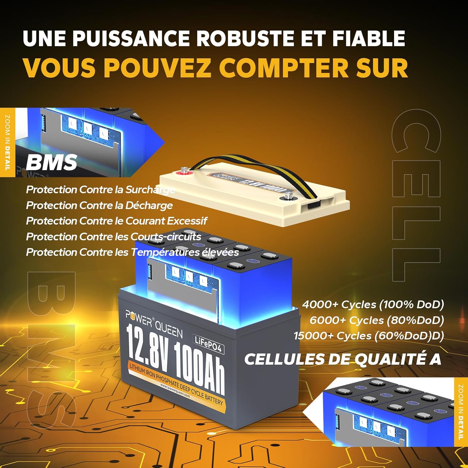 Batterie lithium PowerQueen 12 V 100 Ah, vue 3