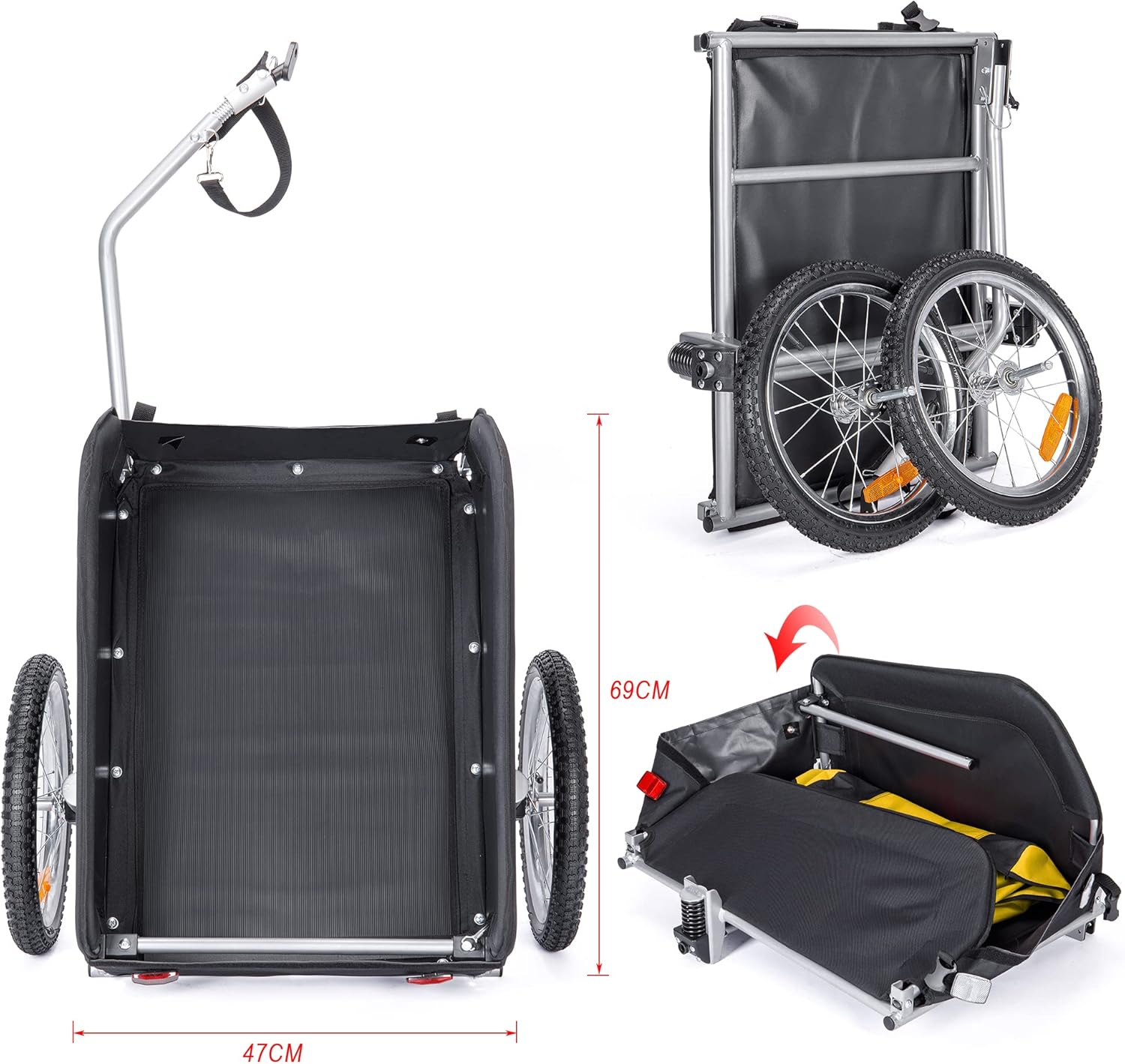 Remorque vélo cargo pliante avec bâche jaune, vue 2