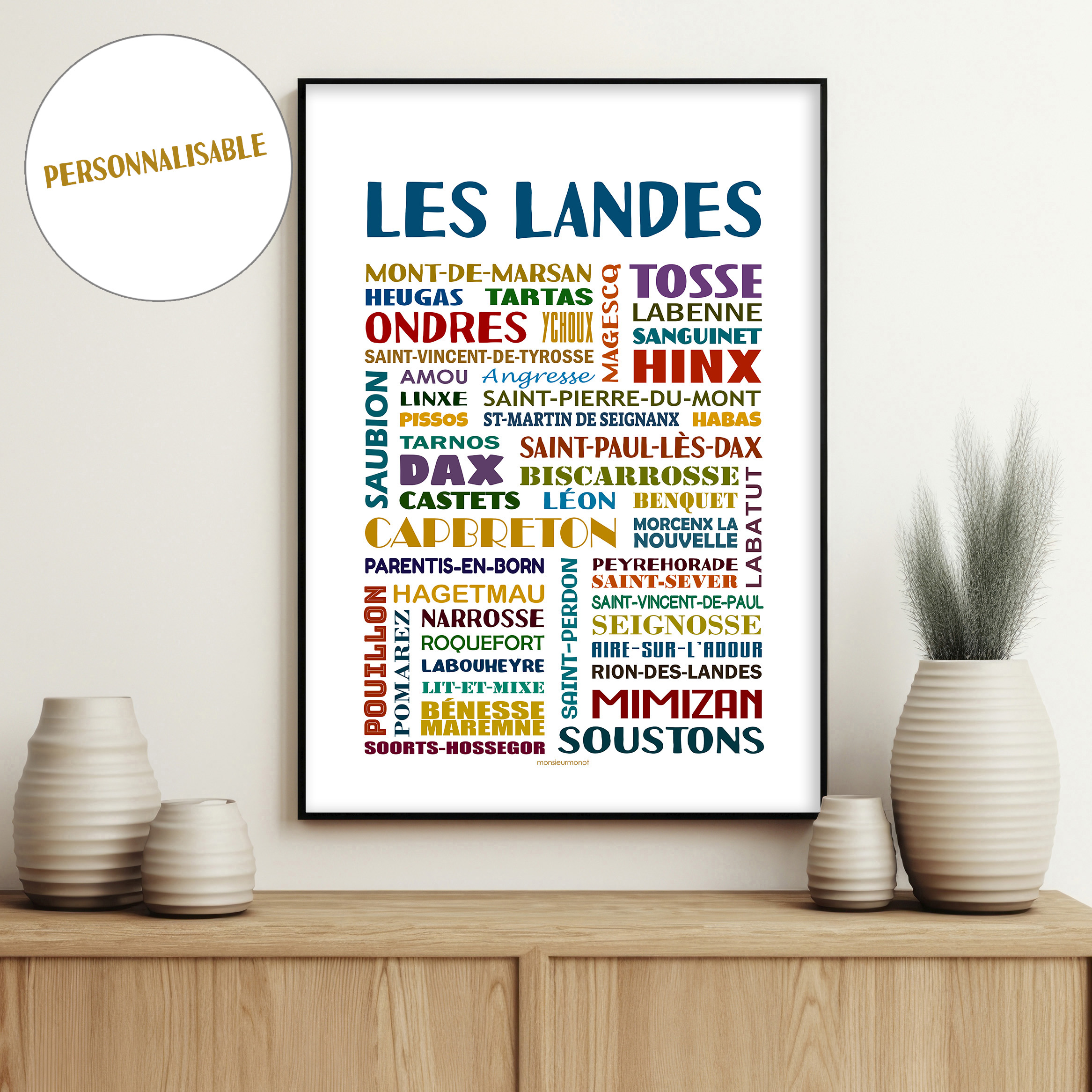 Affiche Les Landes les villes personnalisable