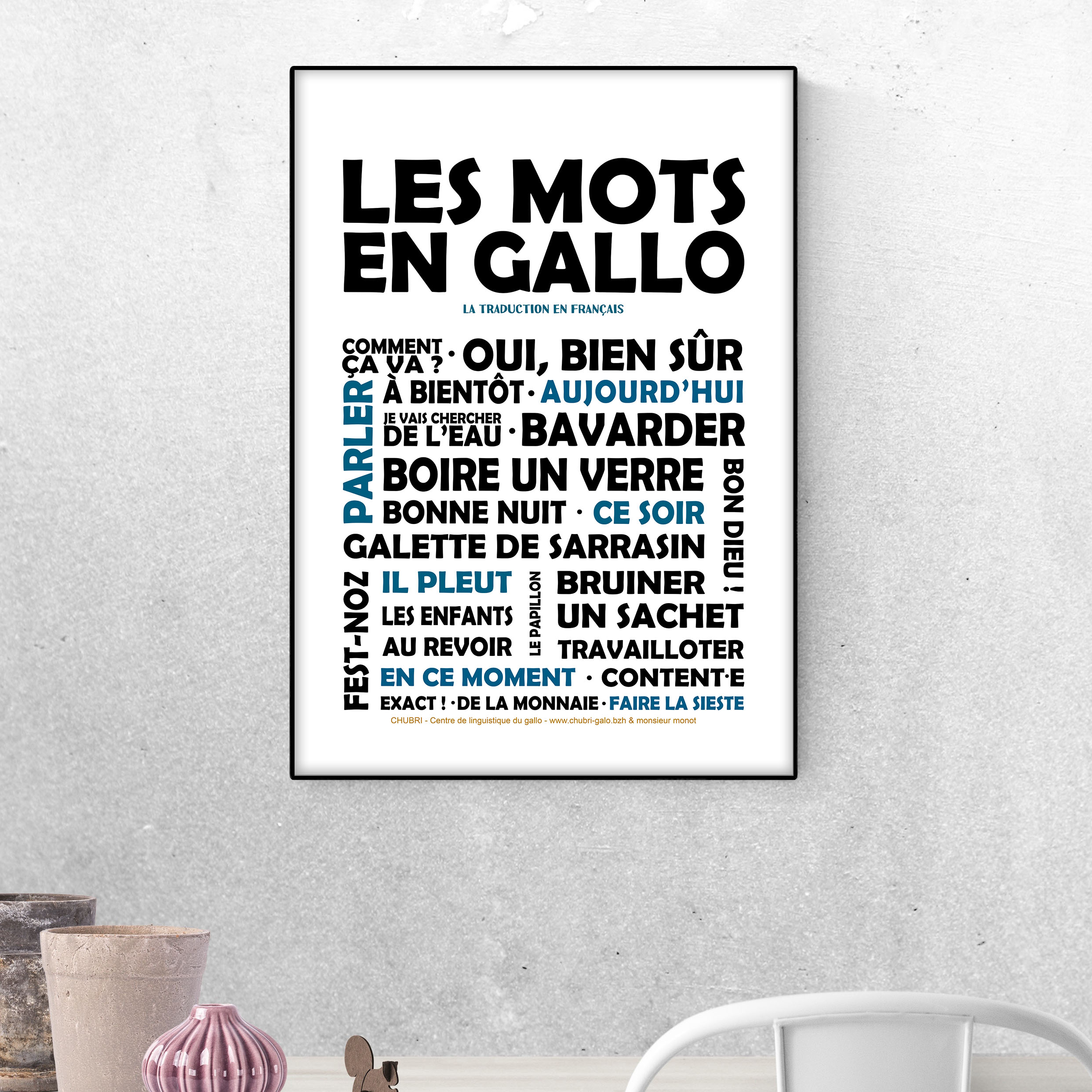 affiche Les Mots en Gallo - La Traduction Noir et Bleu