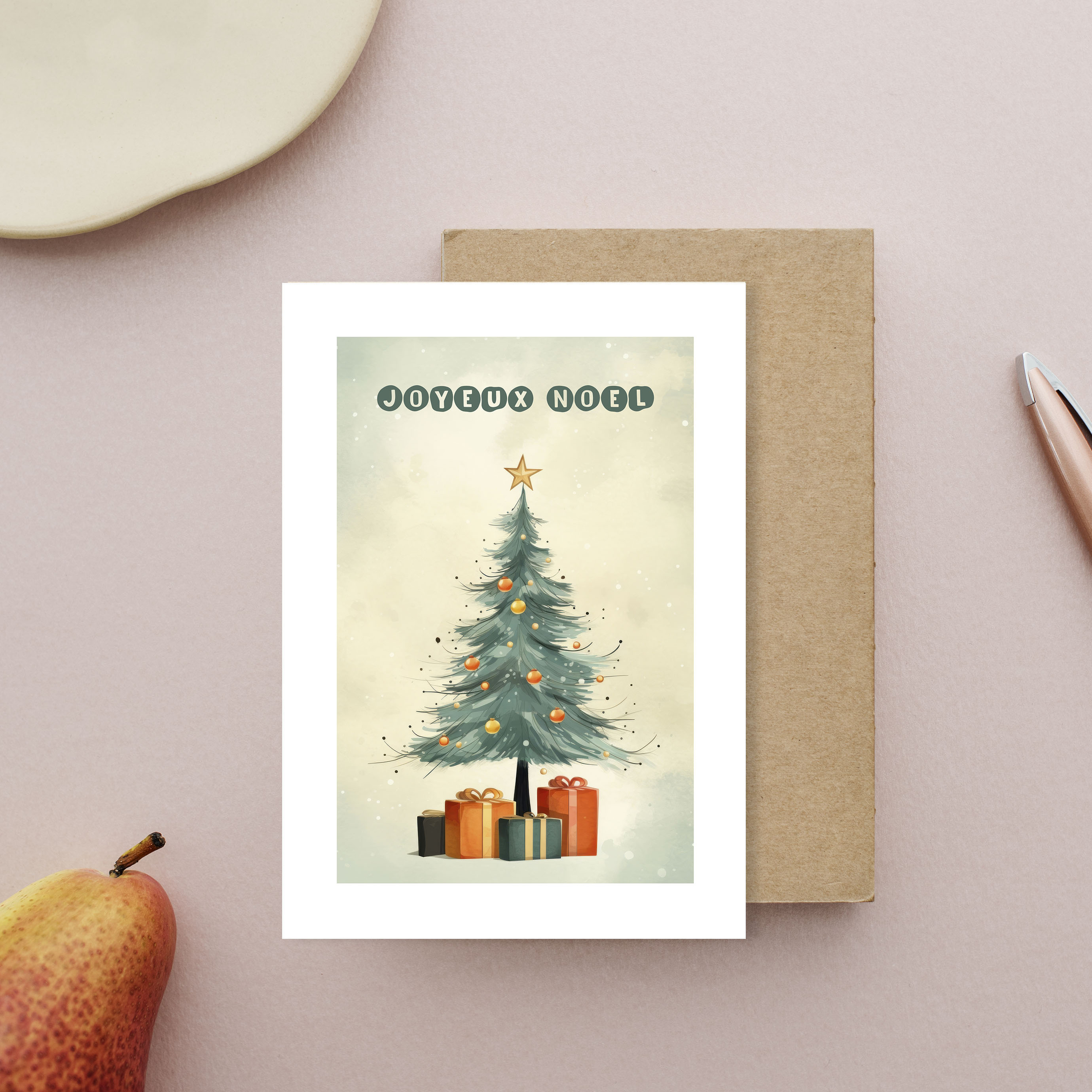 Carte Joyeux noel avec sapin et cadeaux