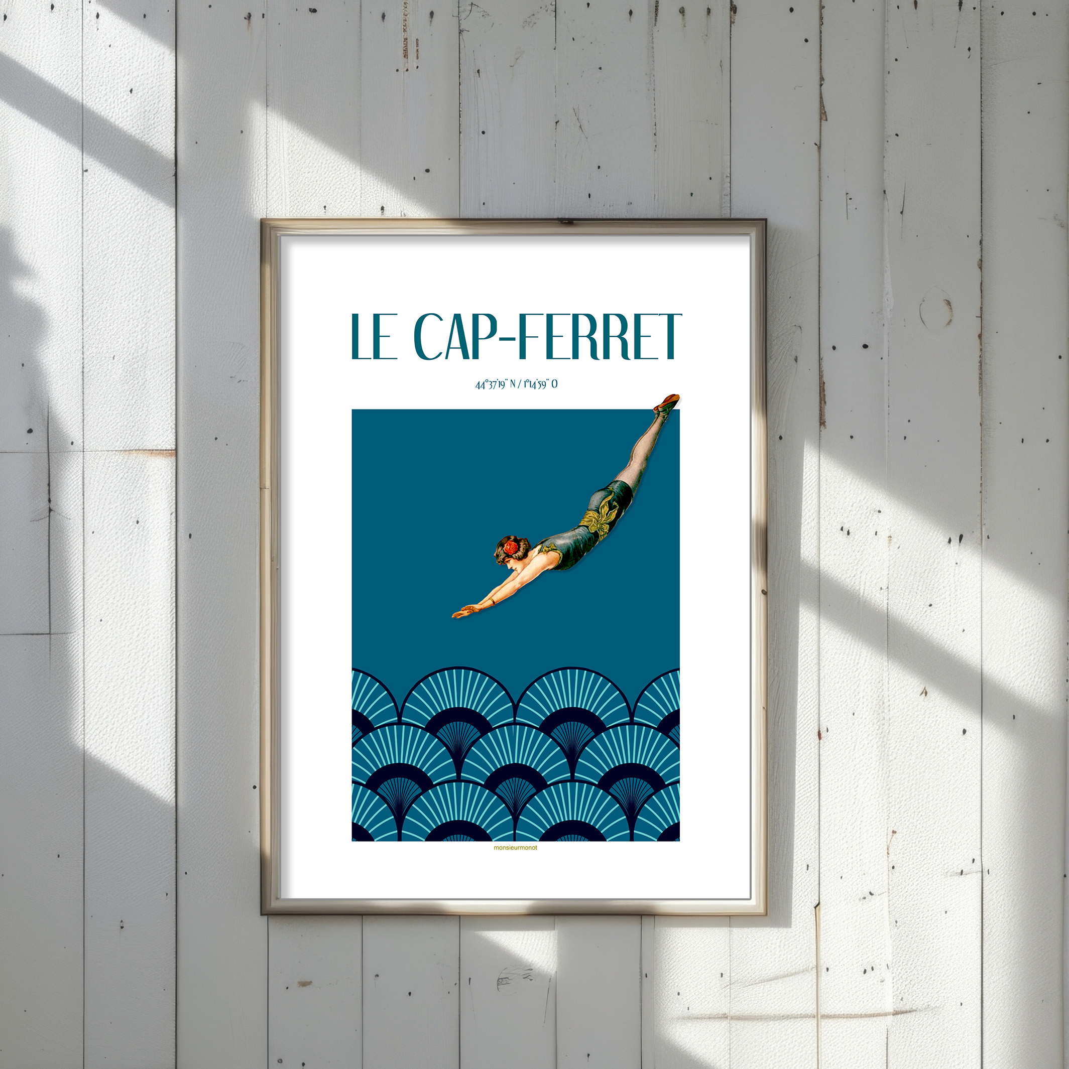 affiche le cap ferret plongeuse bord de mer
