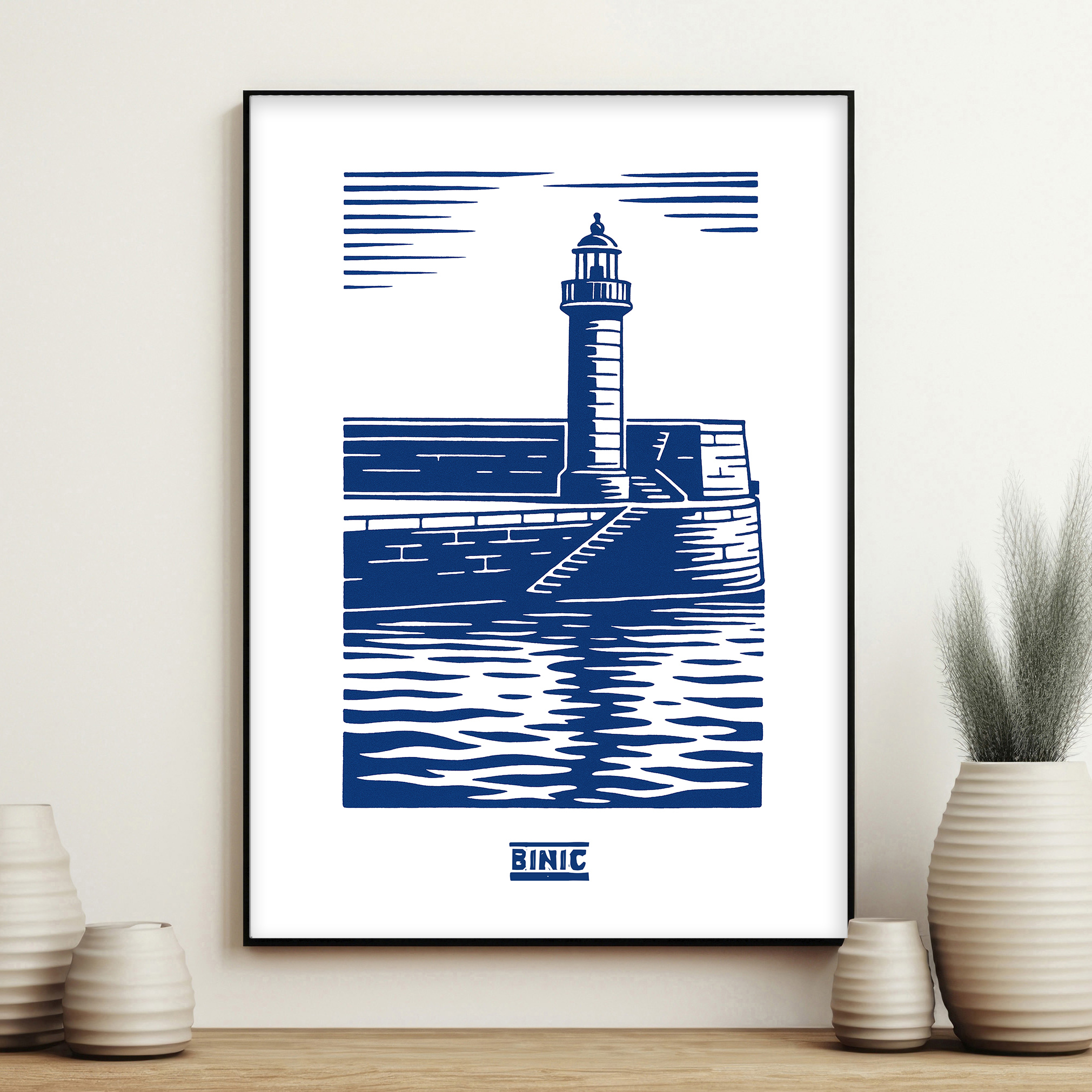 affiche Binic Le Phare gravure bleue