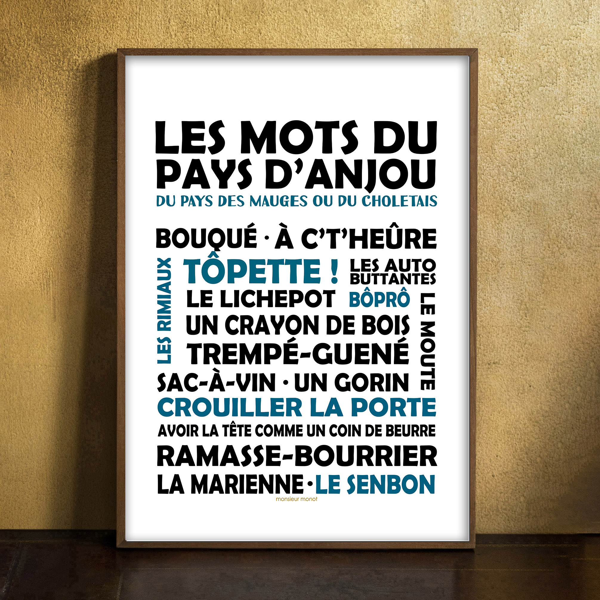 affiche les mots du pays danjou noir et bleu