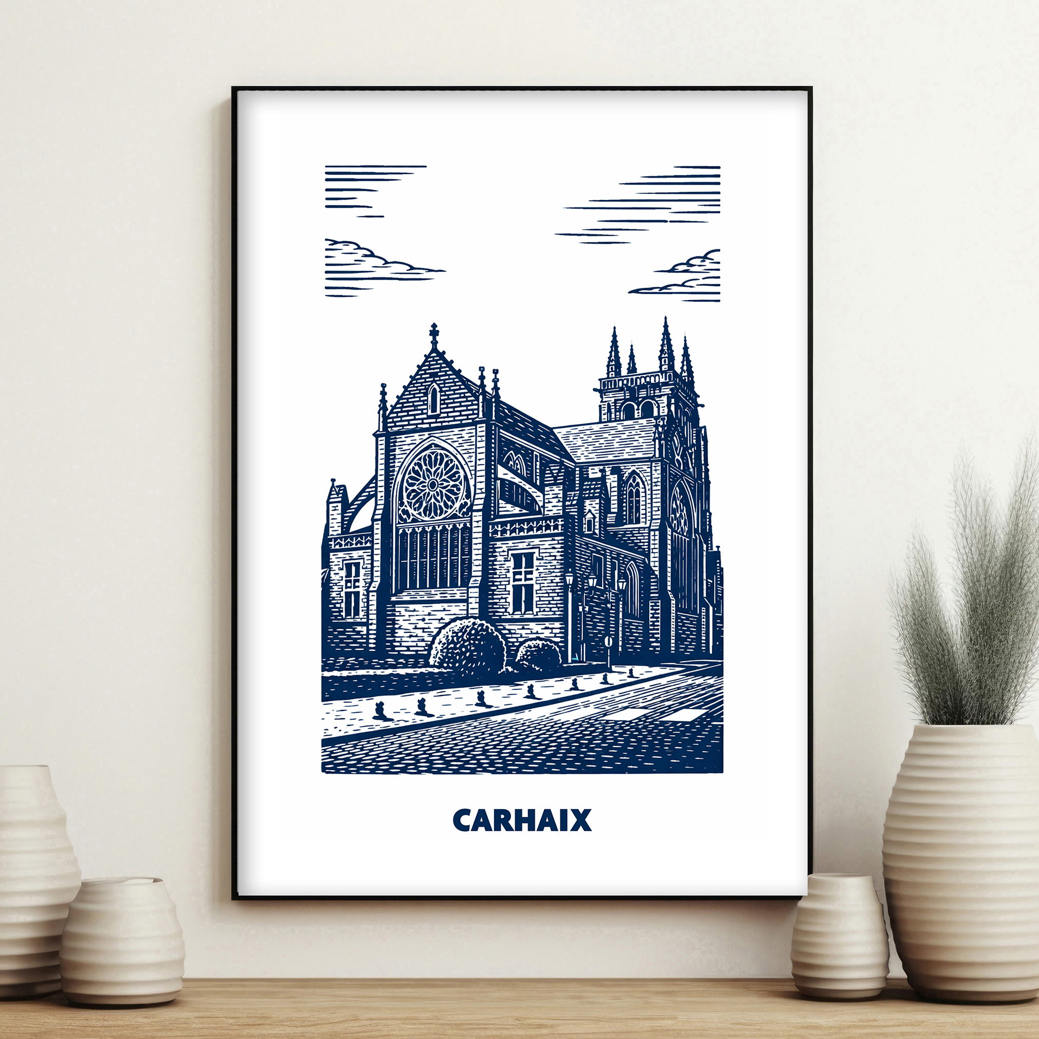 affiche Carhaix Eglise Saint-Trémeur Bleue gravure