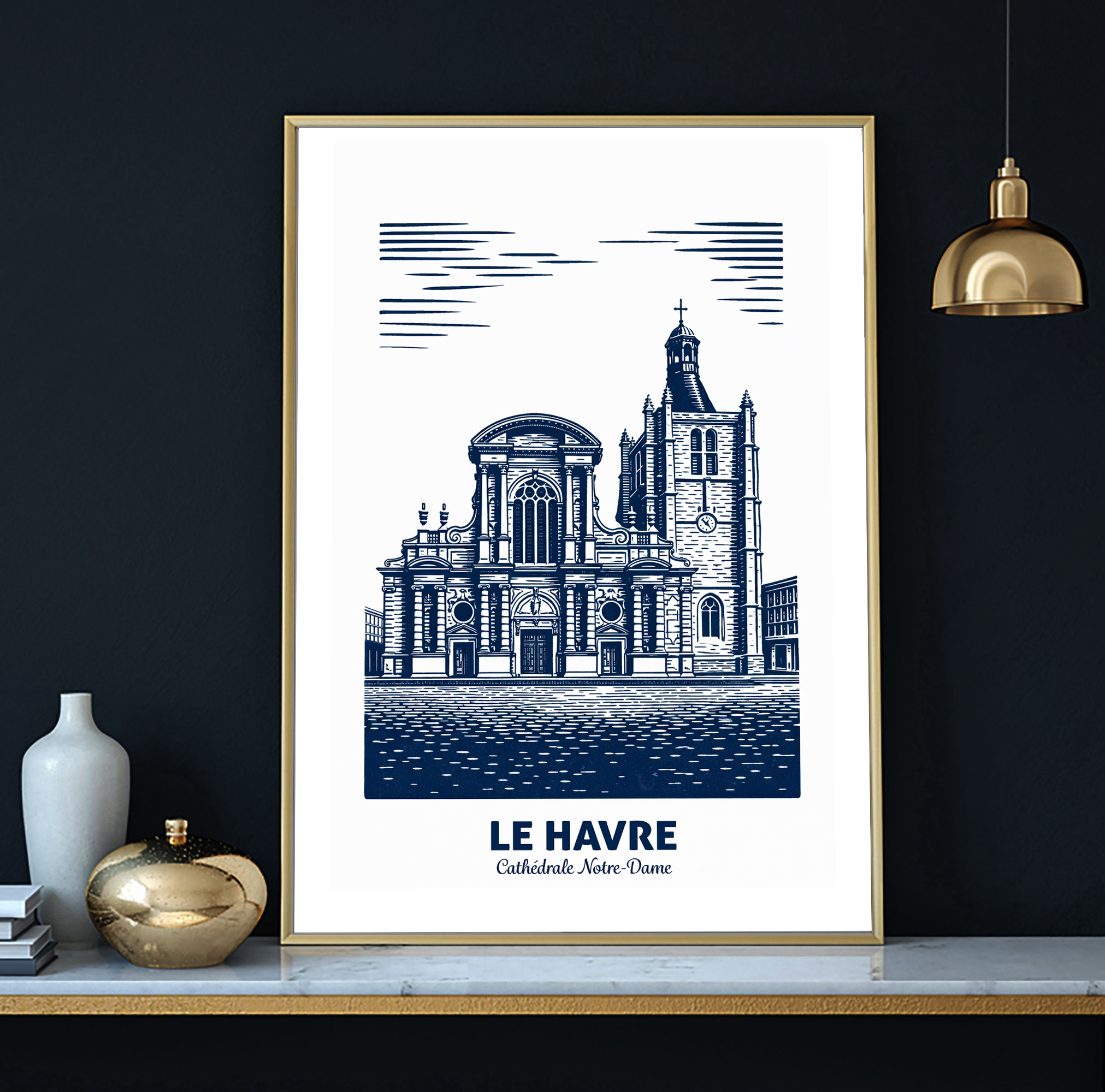 affiche Le Havre La Cathédrale Gravure bleue