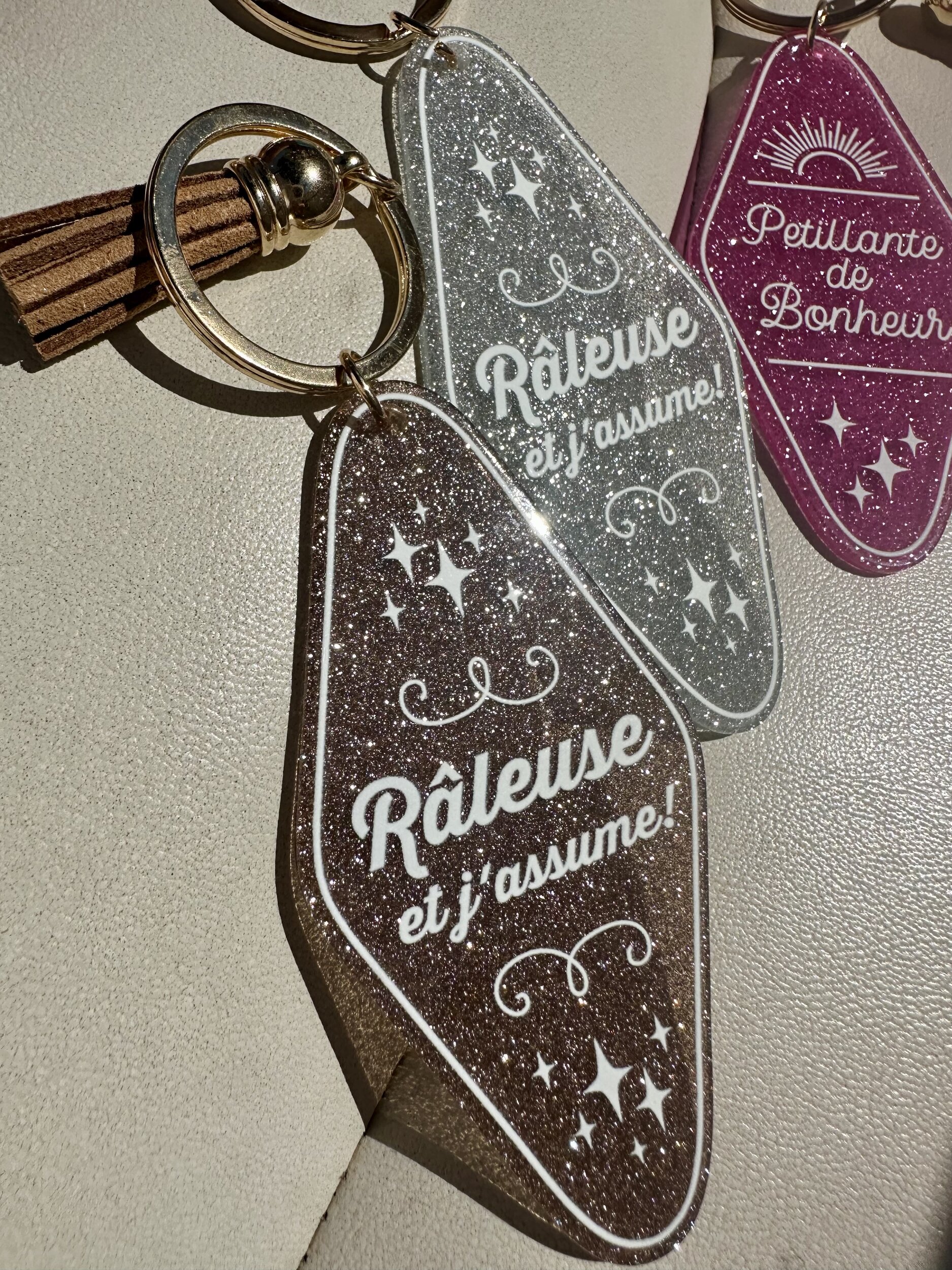 Porte clés à paillettes et à message drôle