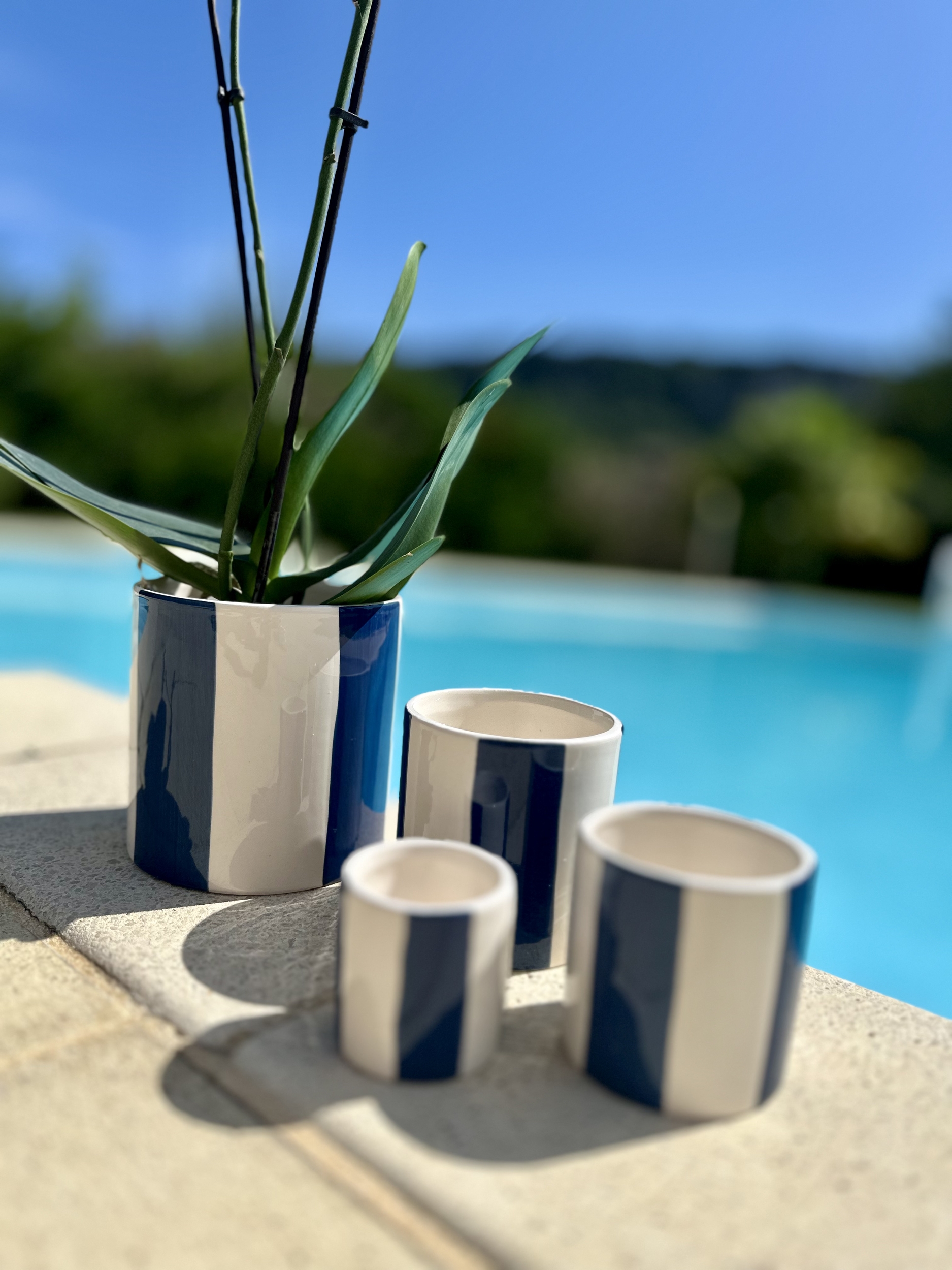 Lot de 4 Pots rayés bleu et blanc  en céramique cache pot pot à crayon pot de fleur