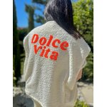 Gilet sans manche fluo orange avec une écriture dolce via dans le dos, gilet pas cher