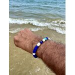 Bracelet homme en perles rondelles bleu et blanc oeil de protection et croix style méditerranéen