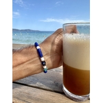 Bracelet homme en perles rondelles bleu et blanc oeil de protection et croix style méditerranéen