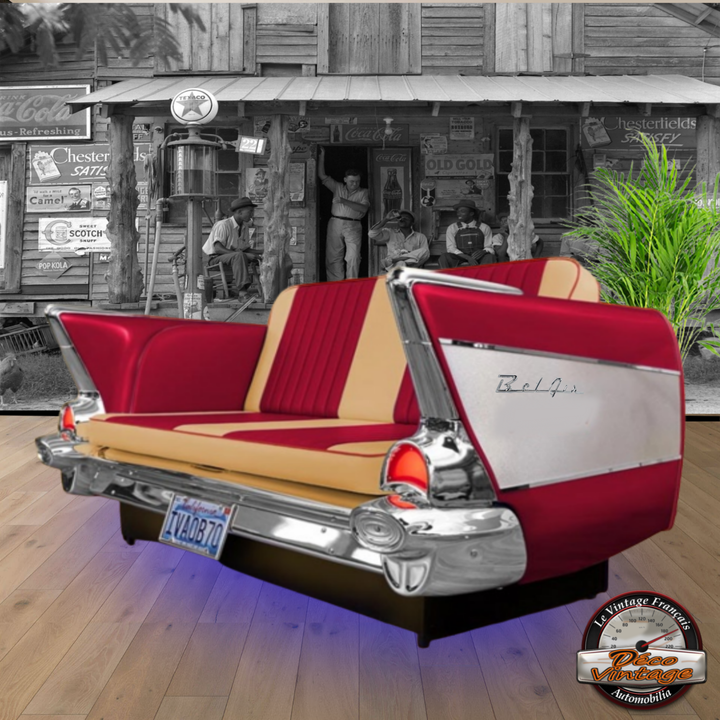 canapé cuir vintage voiture chevrolet Bel air 1957 ruby et beige