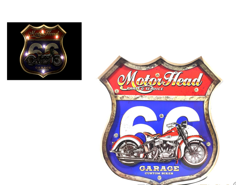 Plaque Métal Lumineuse LED - Déco Murale Vintage - Ecusson Combi Bleu Hit The Road 47x42cm