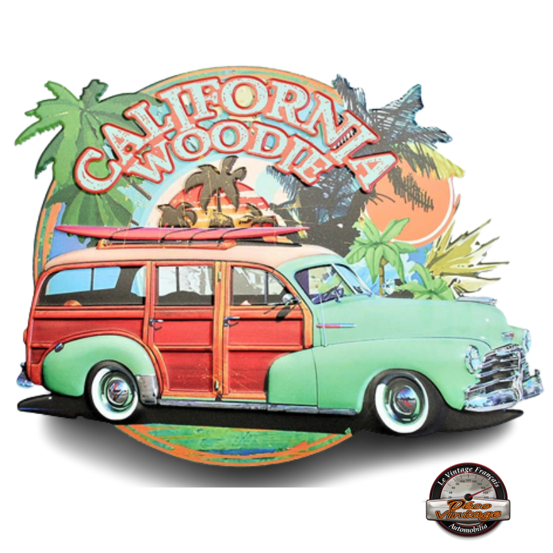 plaque tôle embossée california woodie voiture bois américaine