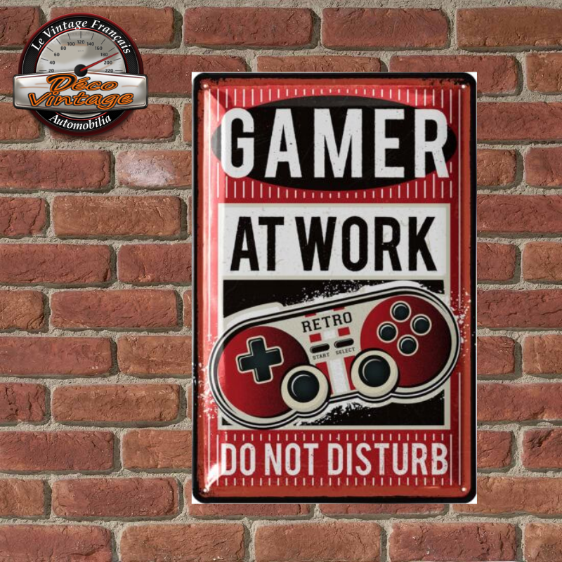 plaque métal vintage gamer at work 20x30cm
