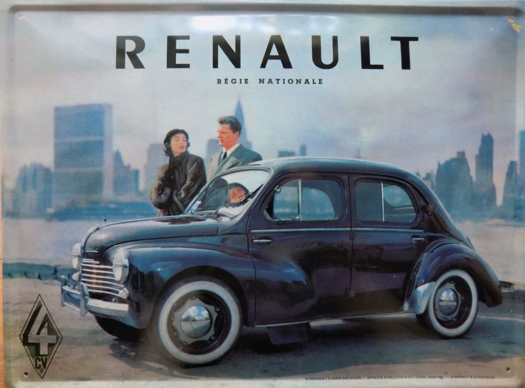 plaque vintage émaillée renault 4cv régie nationale