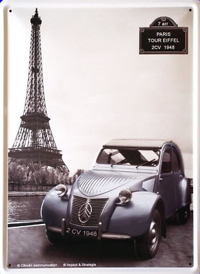 Plaque-métal-40x30cm-relief-CITROEN-2CV-Tour-eiffel rétro