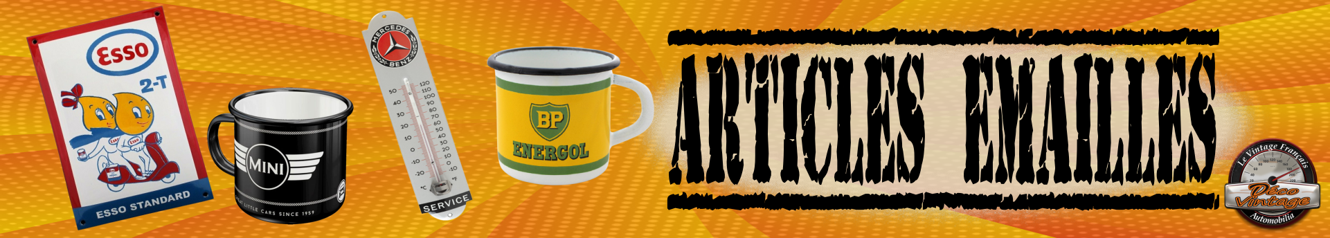 plaques, tasses et thermomètres émaillés