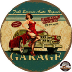 plaque vintage ronde full service garage pin-up