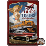 plaque déco vintage américa loves planes trains automobiles ready to ride