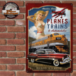 plaque tôle américa loves planes trains automobiles 20x30