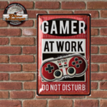 plaque métal vintage gamer at work 20x30cm