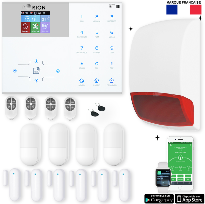 Pack alarme Orion sans fil connectée IP + GSM 4G avec sirène à piles - pour maison 5 à 7 pièces.