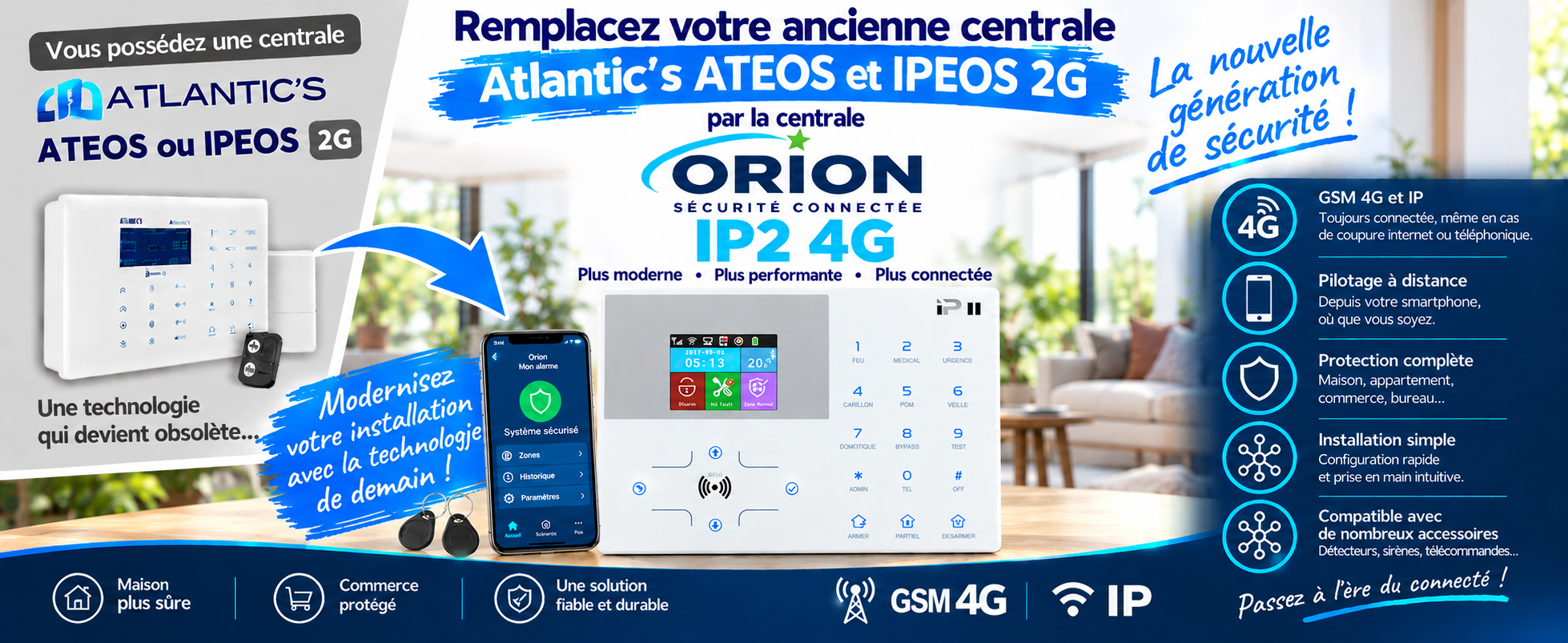 Centrale alarme ORION IP2 GSM 4G (IP/GSM), idéale pour remplacer votre ancienne centrale d'alarme 2G atlantics ipeos ateos