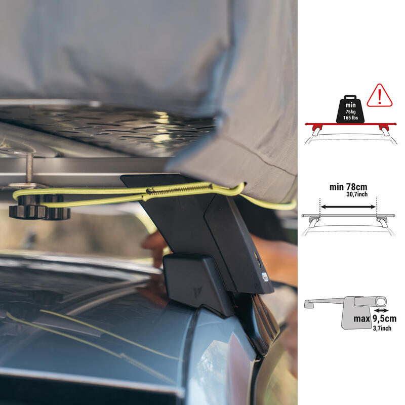 Fixation de la MH500 sur une barre de toit ; pictogrammes : charge de 75 kg minimum, 78 cm minimum, 9,5 cm maximum