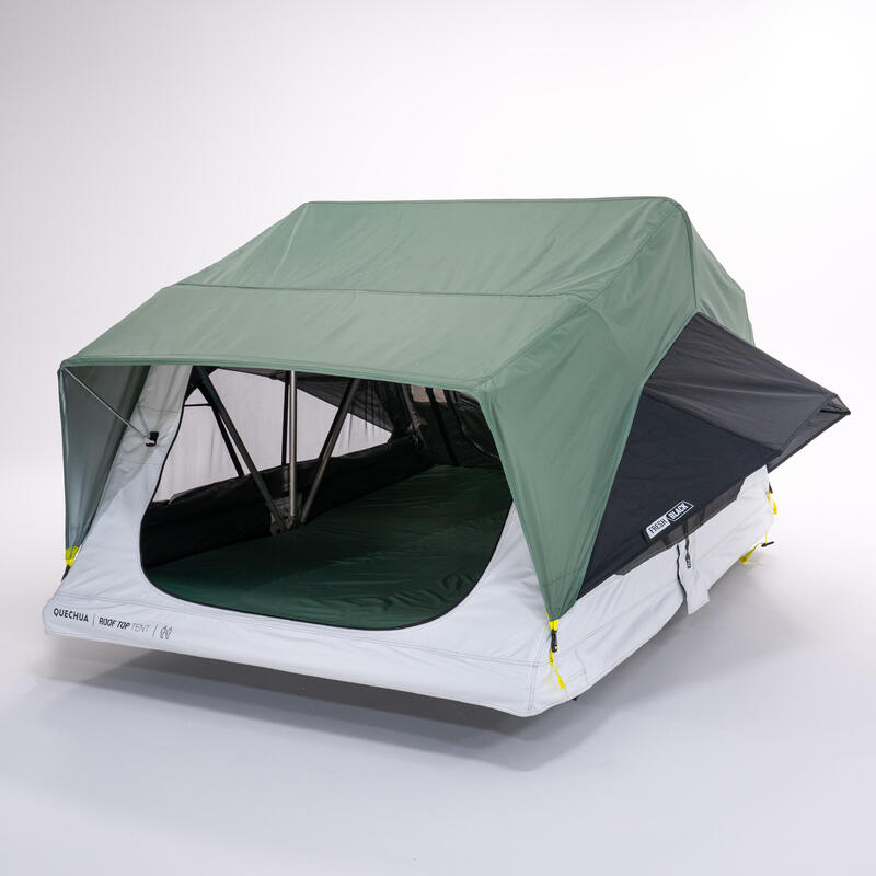 Tente de toit MH500 ouverte sur fond blanc, double toit vert et matelas