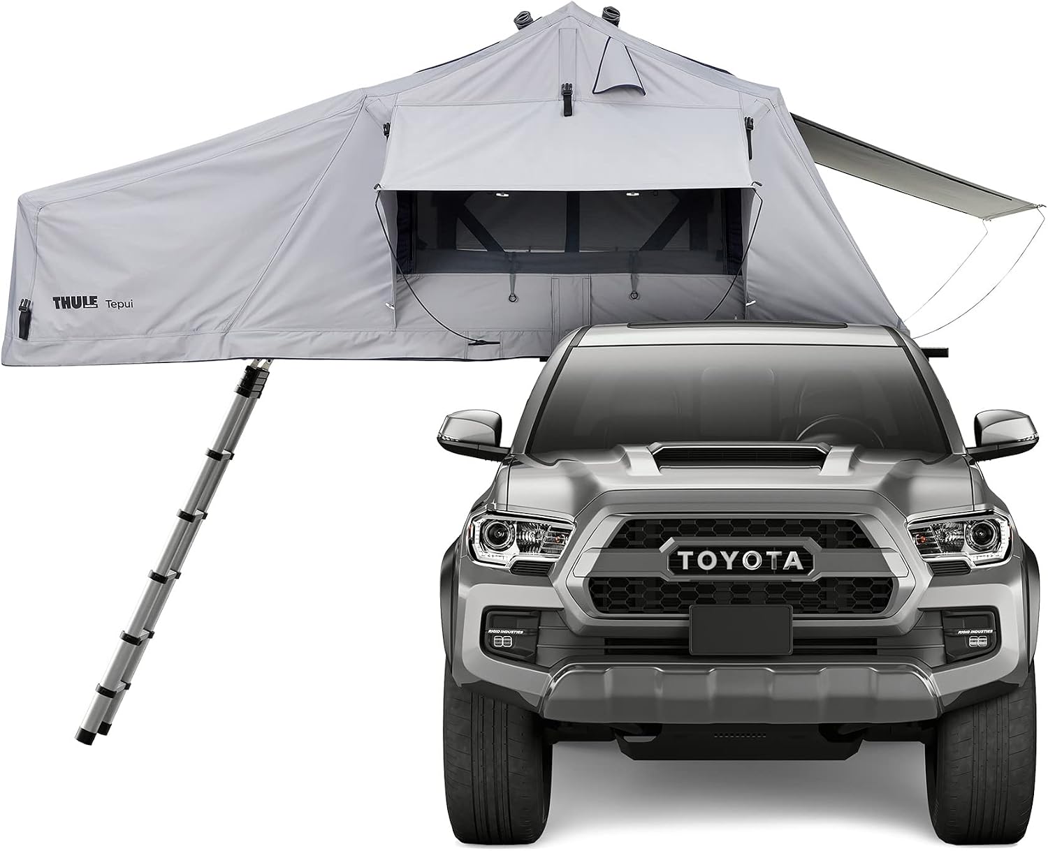 Thule Tepui Autana dépliée vue de face sur un pick-up, auvent prolongé et échelle