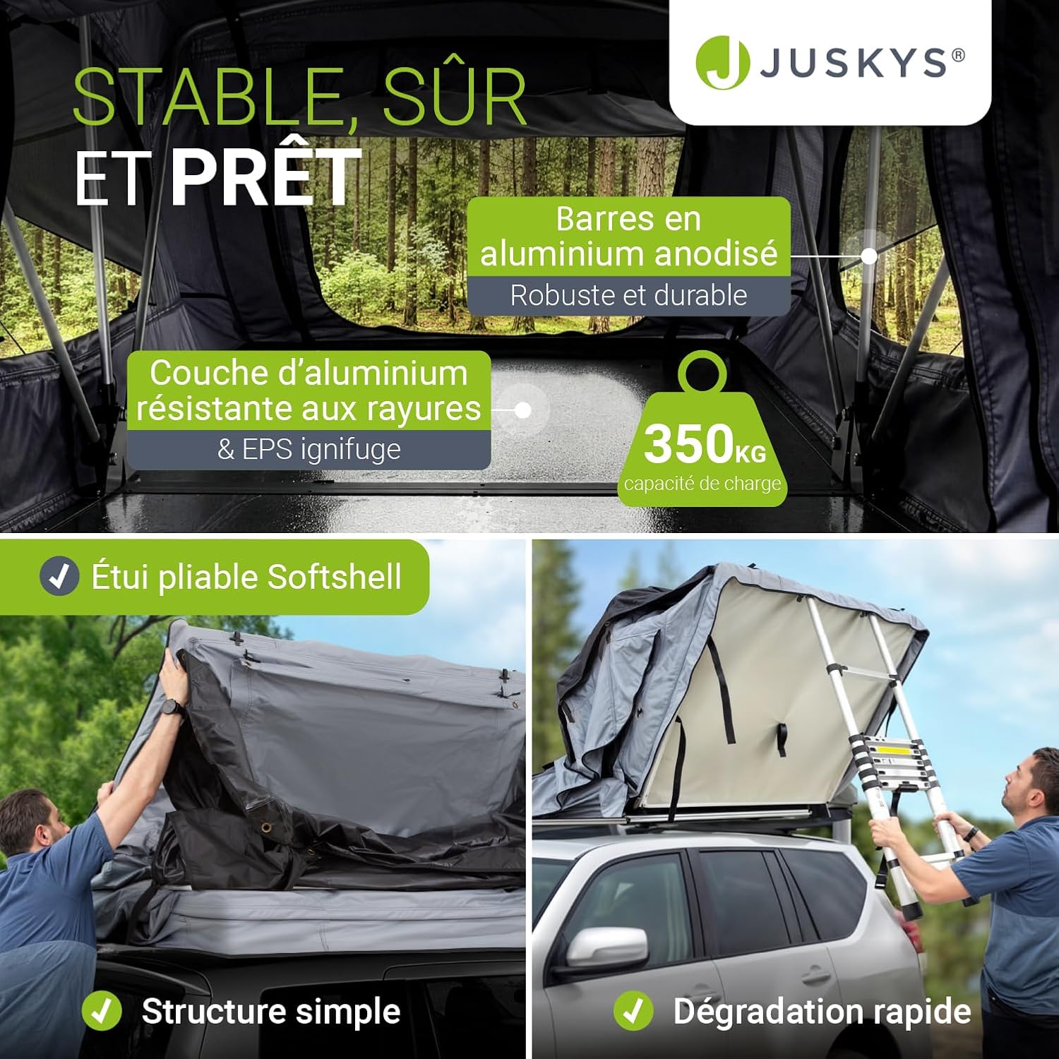 Visuel Juskys : barres en aluminium anodisé, plancher anti-rayures et pliage de la tente