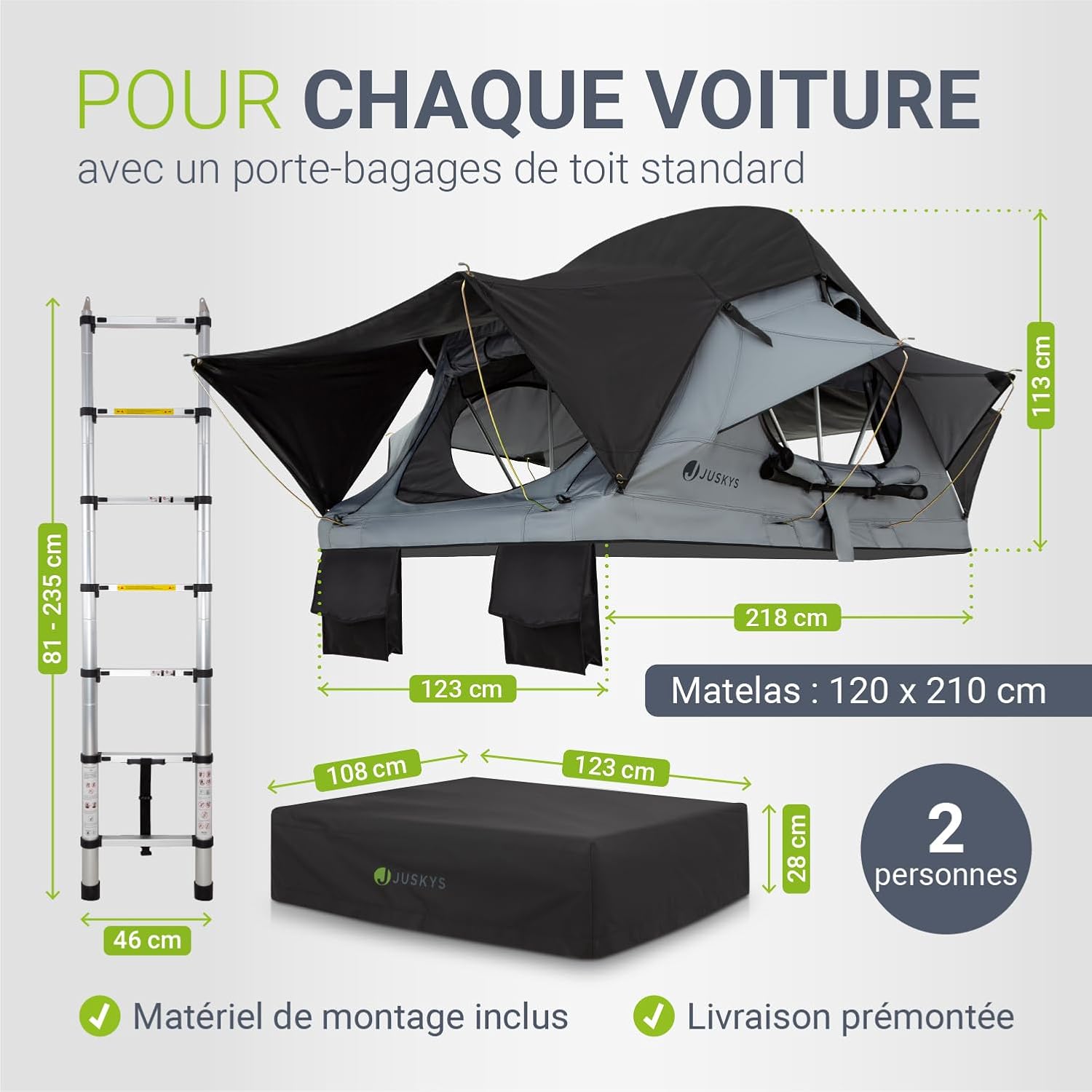 Dimensions de la Juskys Lago : matelas de 120 x 210 cm, hauteur de 113 cm, échelle