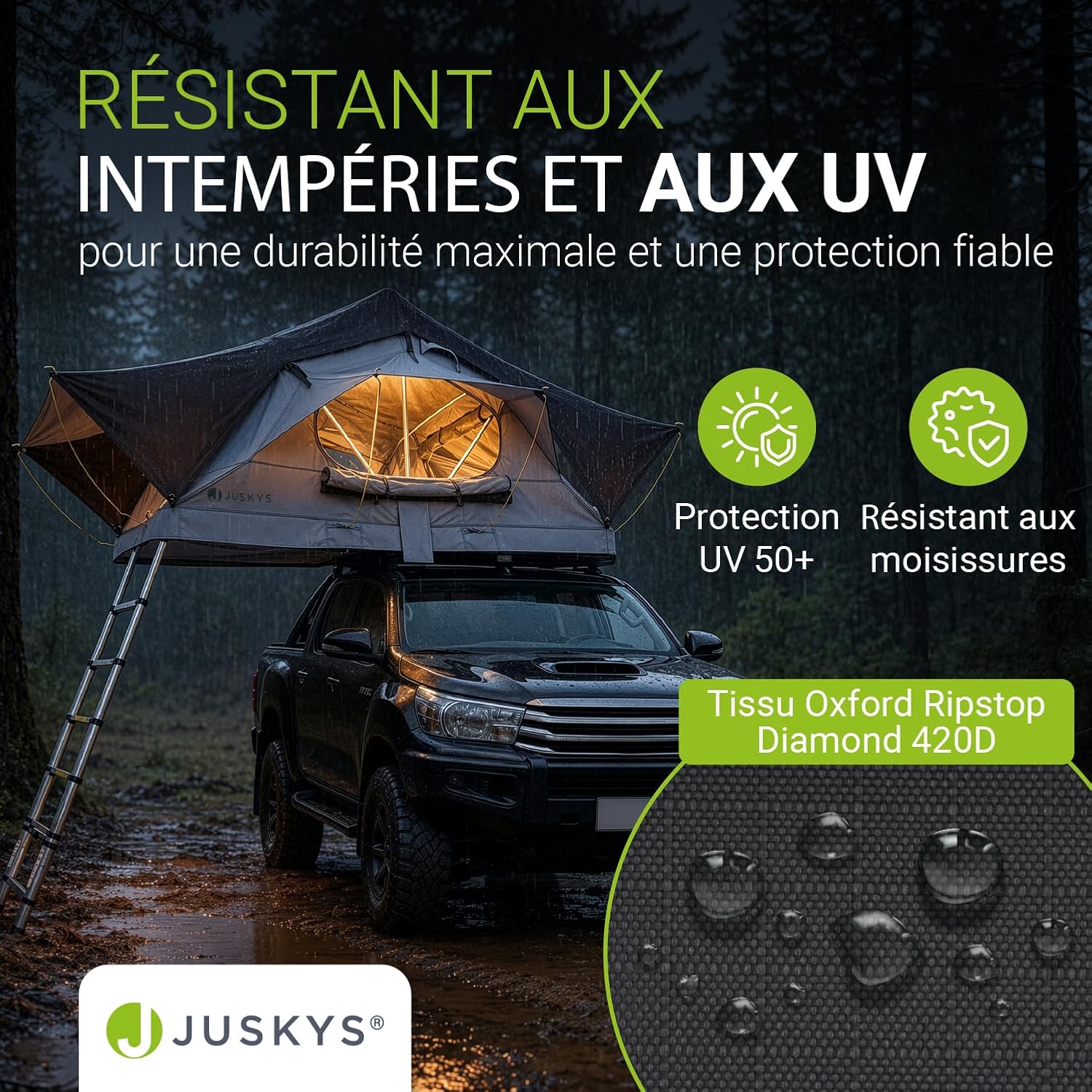 Juskys Lago ouverte et éclairée de nuit sur un pick-up, détail du tissu Oxford 420D